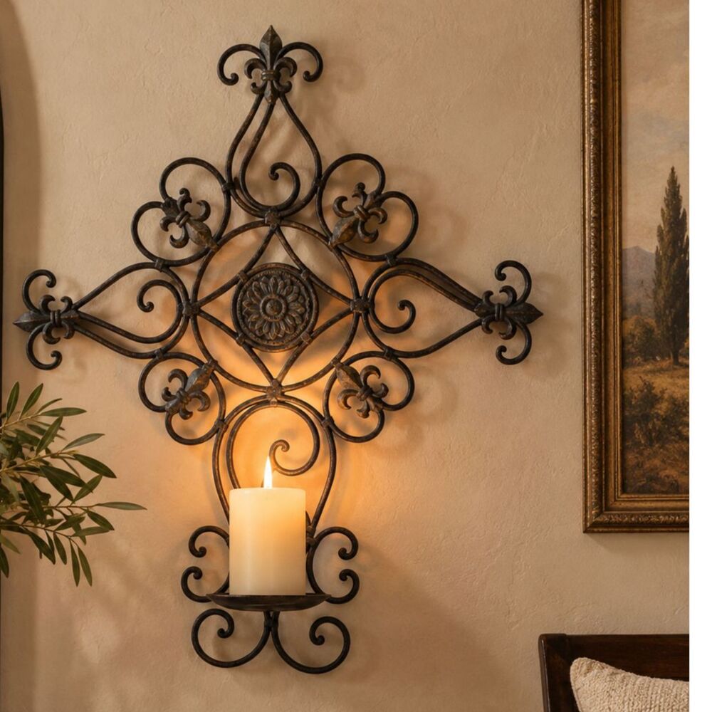 Large Ornate Wrought Iron Wall Candle Sconce Fleur de Lis Scrollwork 26"